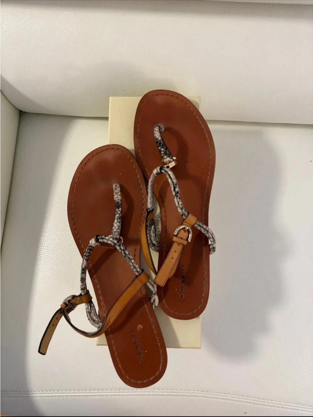COACH BROWN LEATHER T-STRAP SANDALS WITH SNAKESKIN TRIM
